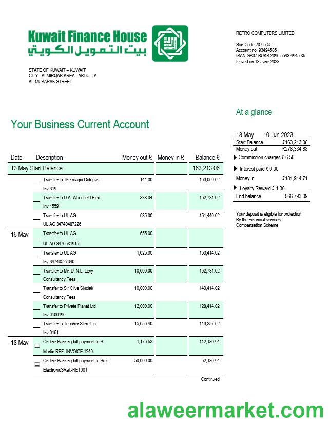 Kuwait Finance House Bank firm account statement Word and PDF template